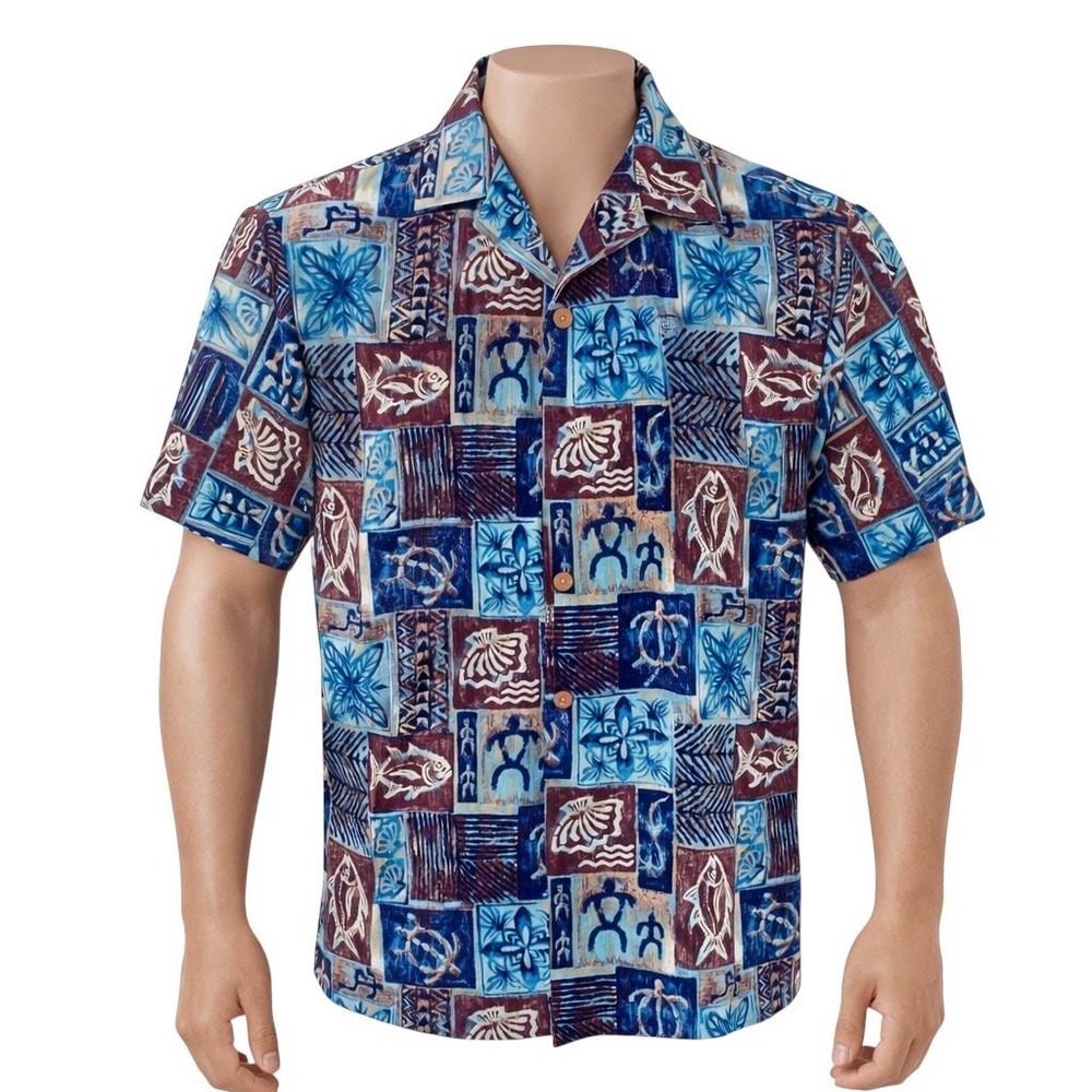 Jade Fashions Hawaiian Aloha Shirt Large Turtles Fish Seashells‎ Tribal Symbols